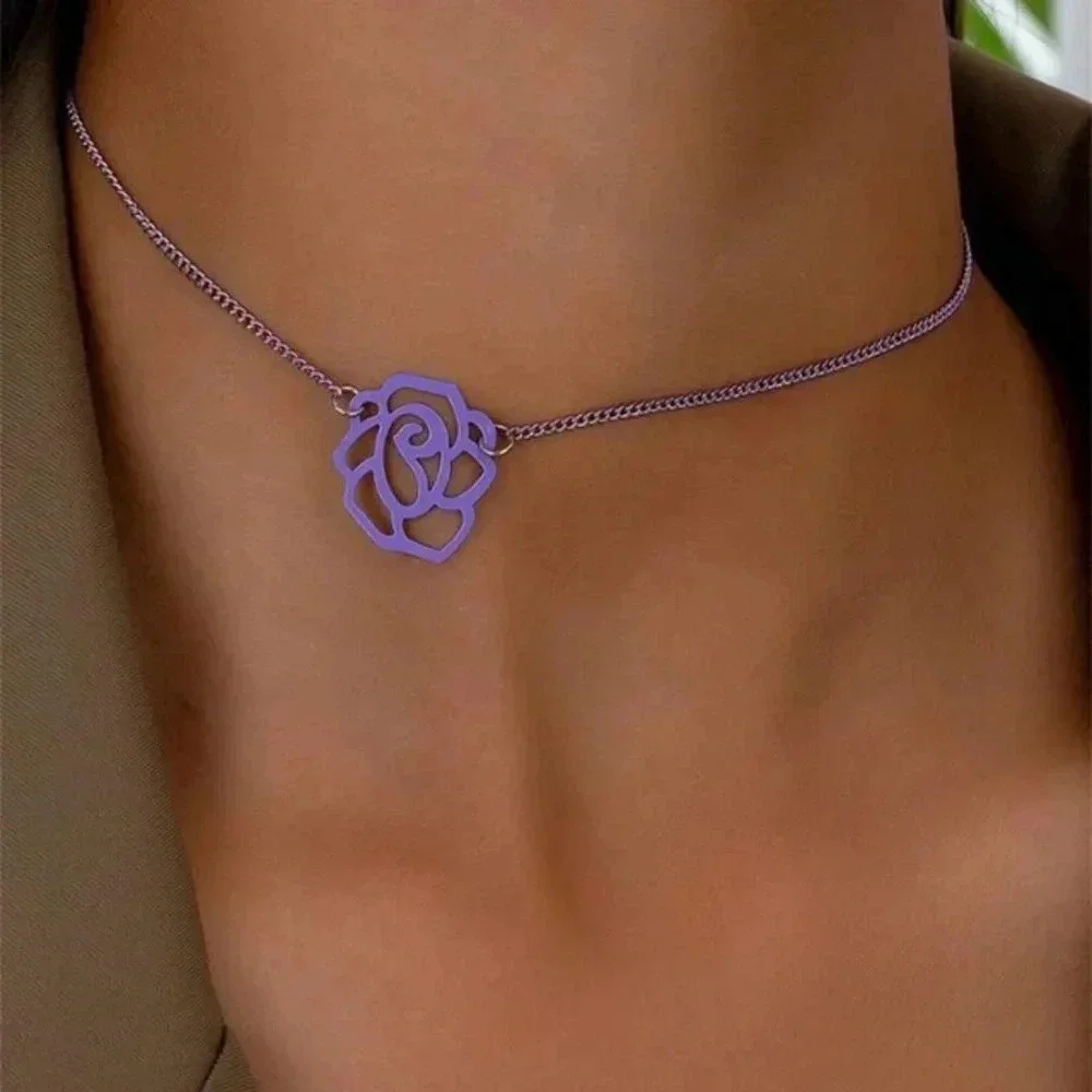 Black chain with black cutout rose pendant necklace casual floral flare gift